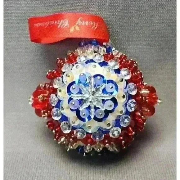 Patriotic America Push Pin Christmas Ornament 2.5" Beaded Red White Blue Sequins - Picture 3 of 6